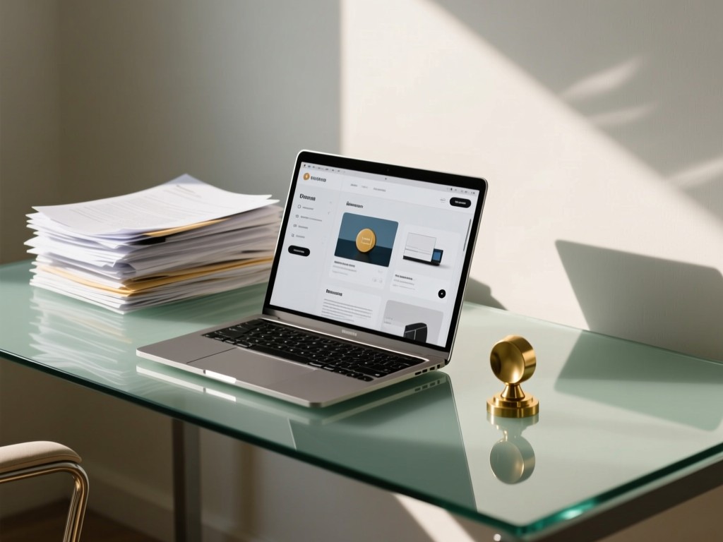 A clean glass desk with a modern laptop showing a project portfolio. Beside it, a neatly stacked pile of professional documents and a brass paperweight. Soft directional light creates elegant shadows. No people.