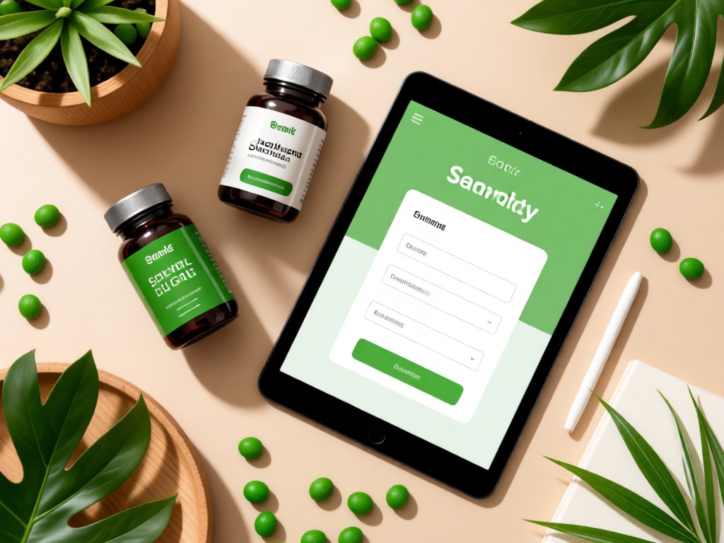 Stylish flat lay of supplement bottles beside a tablet showing a seamless checkout screen. Earthy tones with pops of green. Clean and inviting. No people.