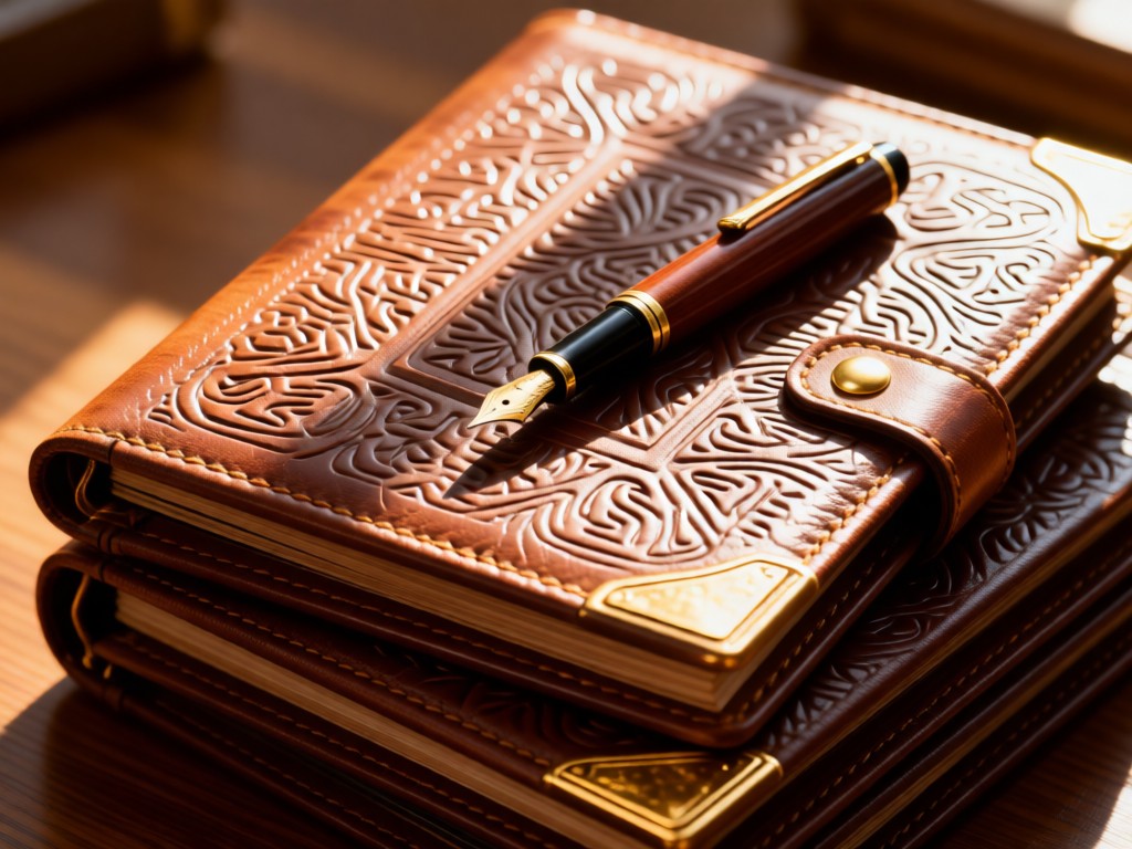 A stack of embossed leather portfolios with gold corner details. Sunlight catches the texture while a single fountain pen lies diagonally across them. Warm, professional tones.