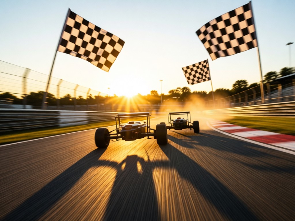 Low-angle shot of an RC track finish line with checkered flags. Golden hour sun casts long shadows. Focus on motion and achievement. No people.