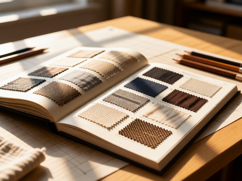 Open fabric swatch book on a drafting table. Samples of linen and wool textures arranged neatly. Afternoon light highlights material details. Sketch pencils visible in blur. No people.