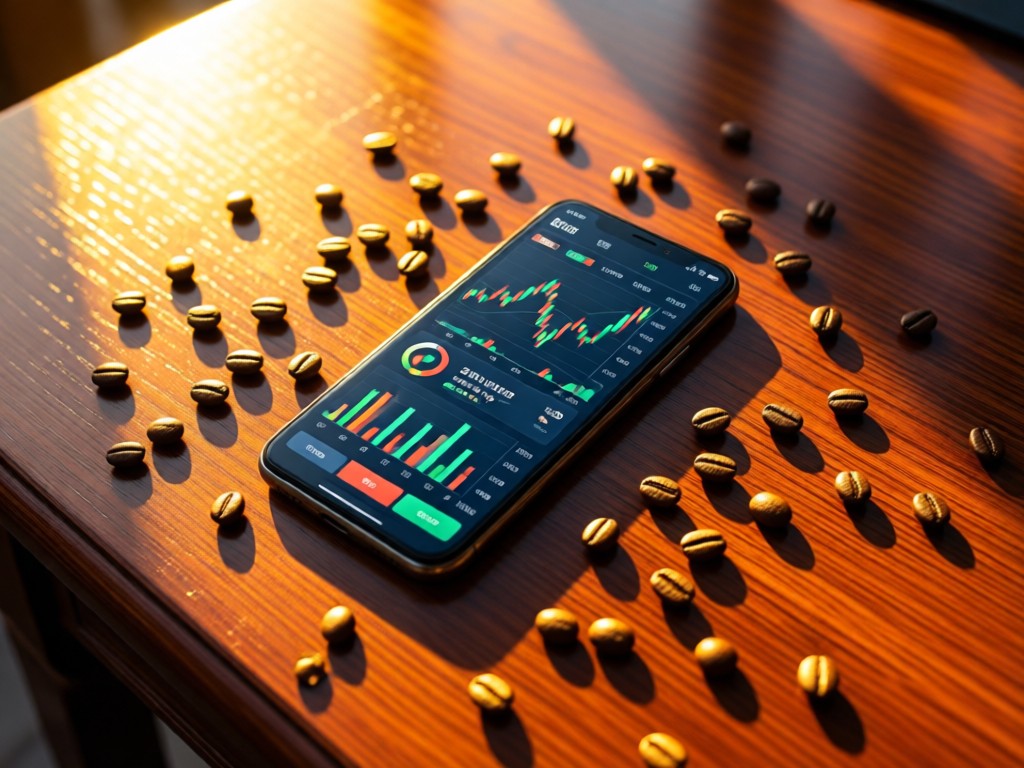 An aerial view of a polished wooden desk holding a single smartphone displaying a clean trading dashboard. The device is surrounded by scattered coffee beans symbolizing market activity. Golden hour lighting creates warm highlights. No people.
