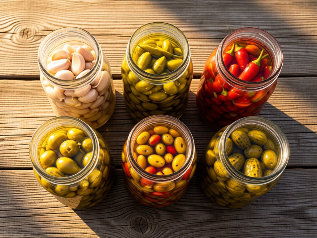 Overhead shot of six artisanal pickle jars arranged on a weathered farm table. Each jar shows unique ingredients like garlic or chilies. Late afternoon sun highlights textures. No people.