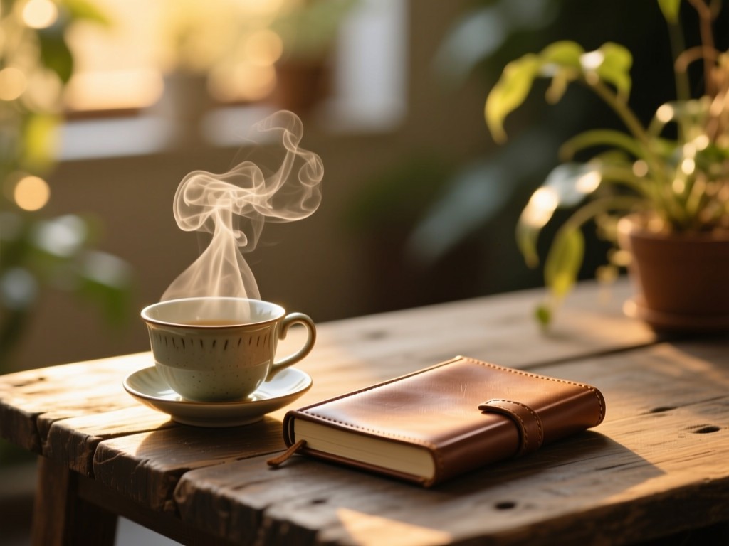 A ceramic teacup beside a leather-bound journal on a rustic table, steam rising into golden hour light, soft bokeh background of plants, minimalist serenity, no text.