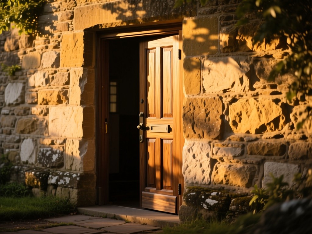 A sturdy oak door slightly ajar in a sunlit stone wall, golden hour light streaming through, symbolizing safe access and trust, soft shadows, no human elements.