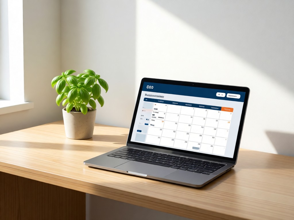 Minimalist desk with open laptop showing a simple booking calendar. Nearby, a small potted basil plant catches sunlight. Clean composition. No people.
