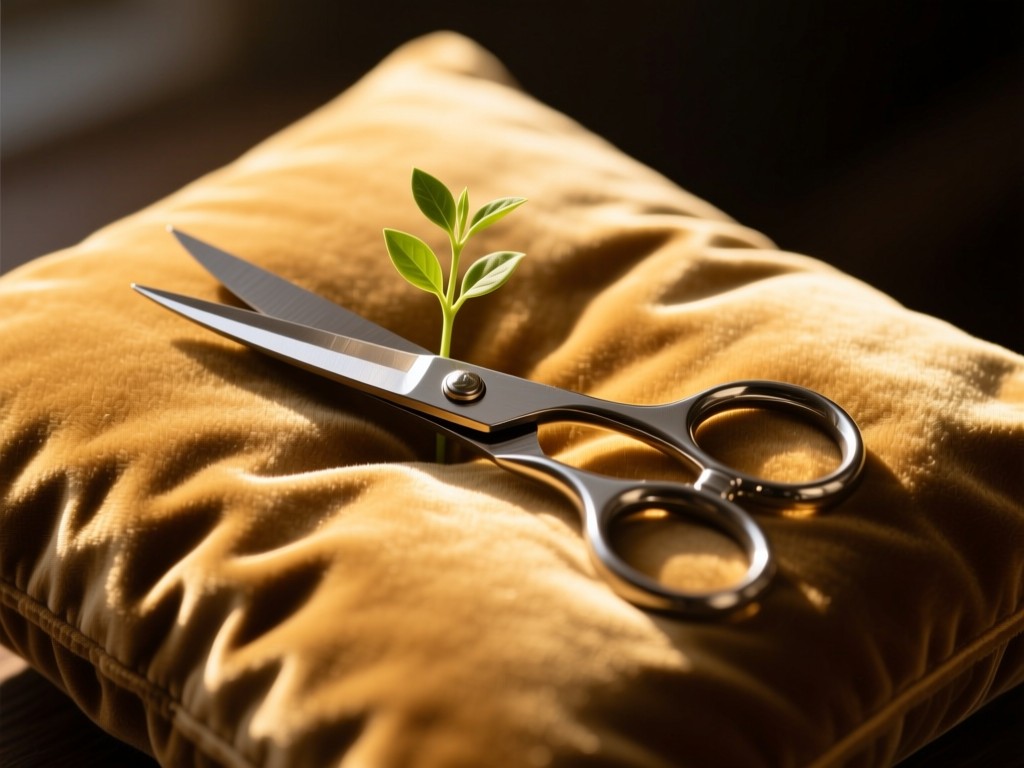 A single precision scissor resting on a velvet cushion during golden hour, blade catching sunlight, symbolizing craftsmanship and growth, soft shadows, warm color palette, minimalist composition.