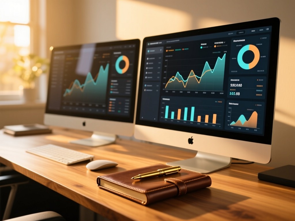 A sleek desk with dual monitors displaying interactive economic dashboards at golden hour, sunlight highlighting a leather-bound notebook and brass pen, shallow focus, warm wood tones, no people.