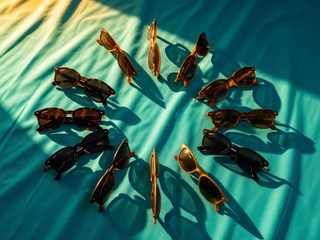 Aerial view of Ray Ban sunglasses arranged in a sunburst pattern on teal fabric. Golden hour lighting creates dramatic shadows. Symbolizes focus and precision. No people.