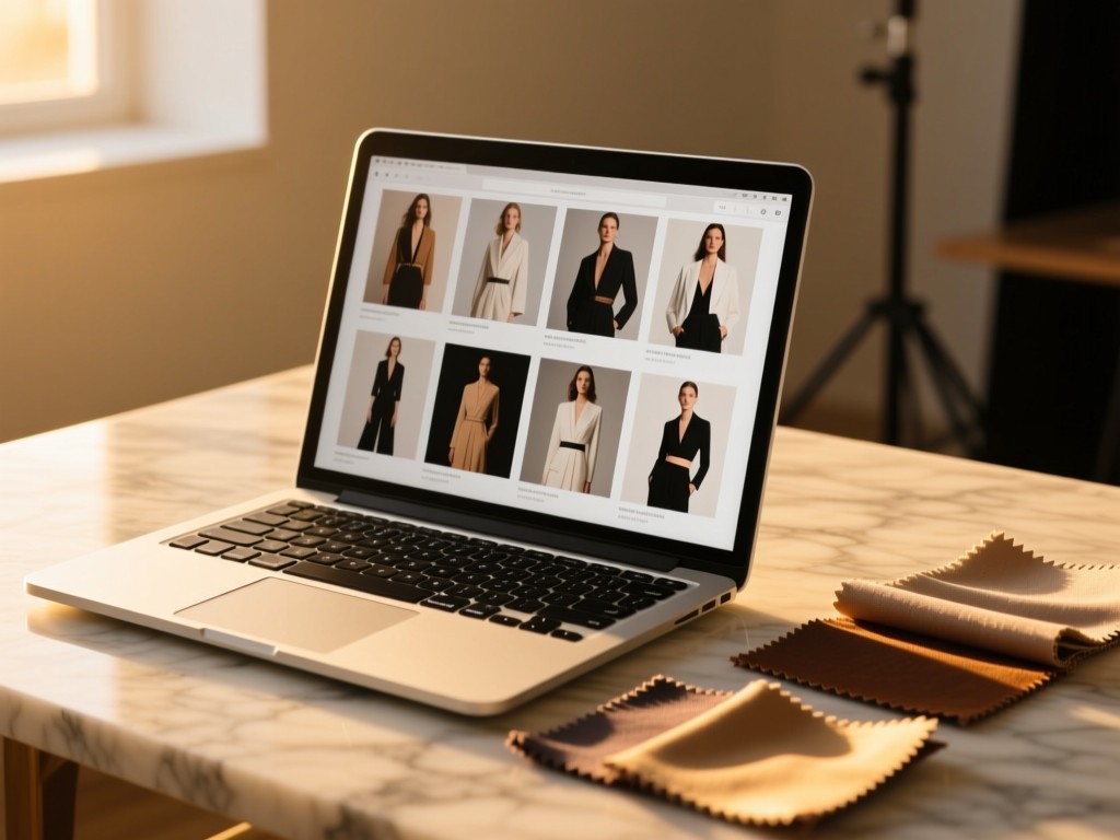 A sleek laptop on a marble surface during golden hour, screen displaying a grid of fashion editorials, soft sunlight highlighting fabric swatches nearby, shallow depth of field, warm tones, minimalist styling studio atmosphere.