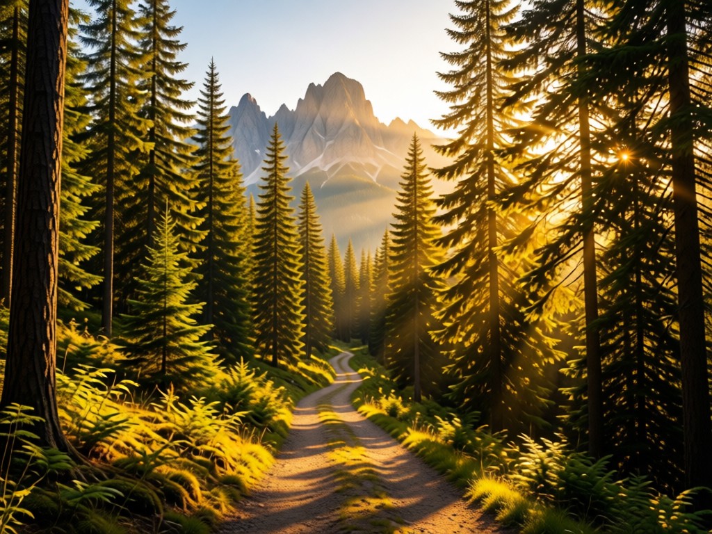 A sunlit forest path leading toward distant mountain peaks. The trail represents discovery and visibility. Golden hour light filters through pine trees. No people.