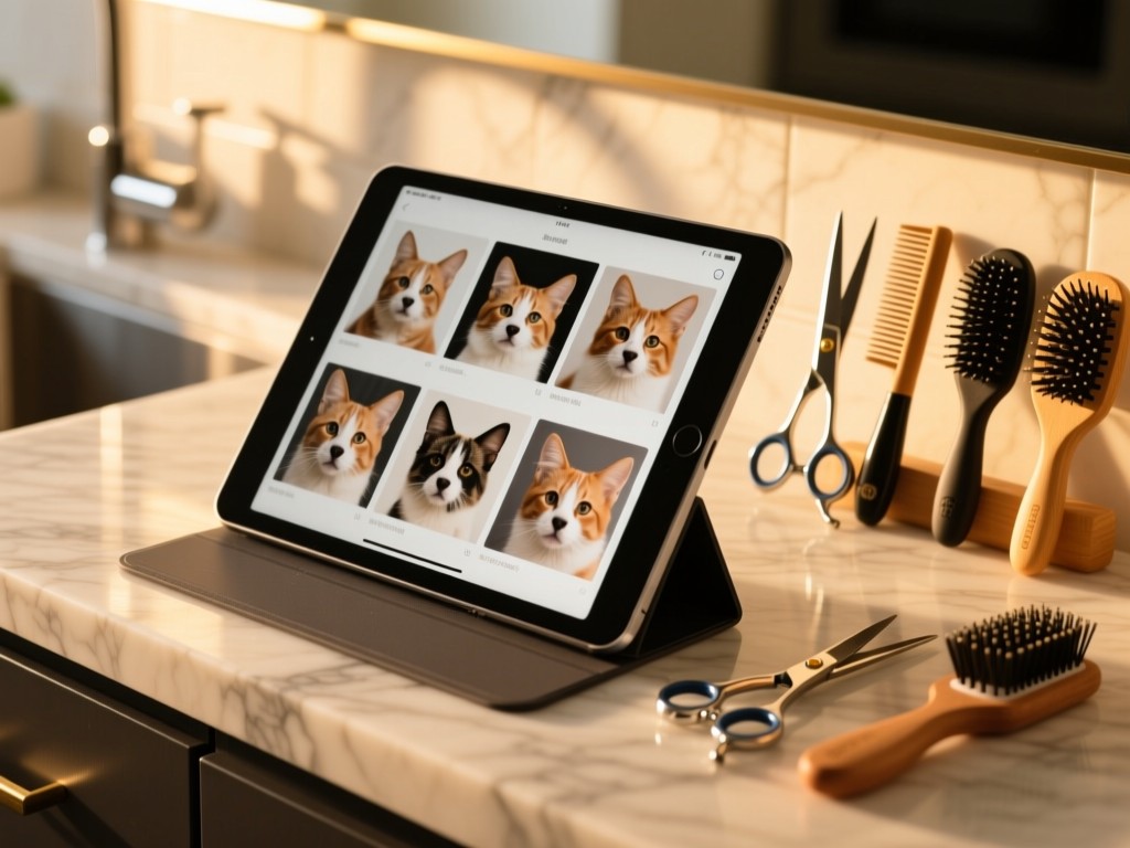 A sleek tablet on a marble countertop during golden hour, displaying a grid of pet grooming before-and-after photos, shears and brushes neatly arranged beside it, soft sunlight, shallow depth of field, no people.
