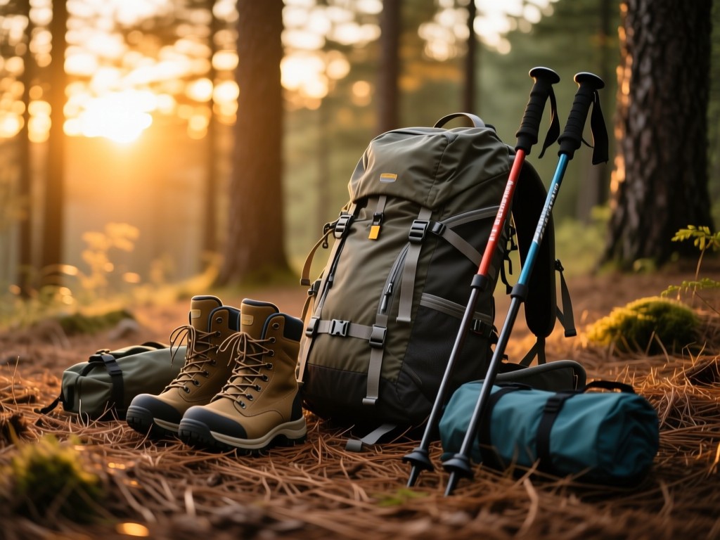 Neatly arranged hiking gear on a pine-needle forest floor at sunset - backpack, boots, and trekking poles catching golden light, shallow focus, natural textures, no text or labels.