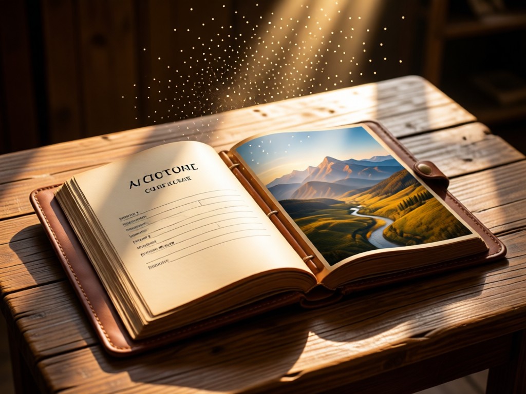 A leather-bound portfolio book open on a rustic table. One page shows contact forms, the other displays a landscape photo. Sunbeam illuminates dust motes above.