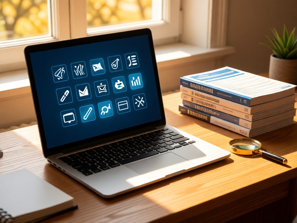 A neatly arranged desk with laptop showing link icons, beside stacked tax guides and a magnifying glass. Warm afternoon sun. No people.
