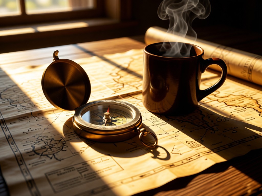 Compass resting on an unfurled map beside a steaming mug. Golden hour light creates long shadows. No people.