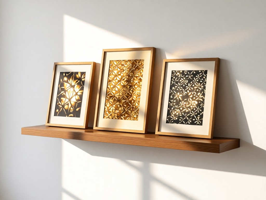 A floating shelf holding three framed light-pattern photographs. Warm sunlight illuminates the frames unevenly. Clean white background. No people.