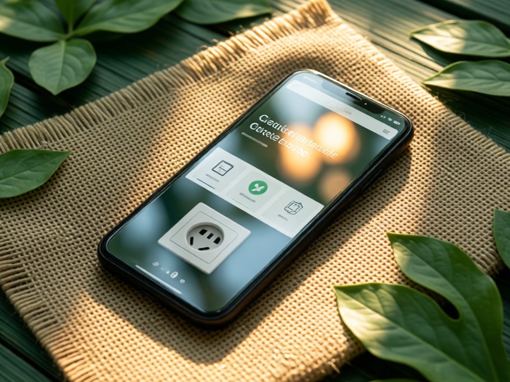 A smartphone displaying a clean outlet website resting on burlap fabric. Sunlight creates warm reflections on the screen. Natural textures with muted greens and browns. No people.