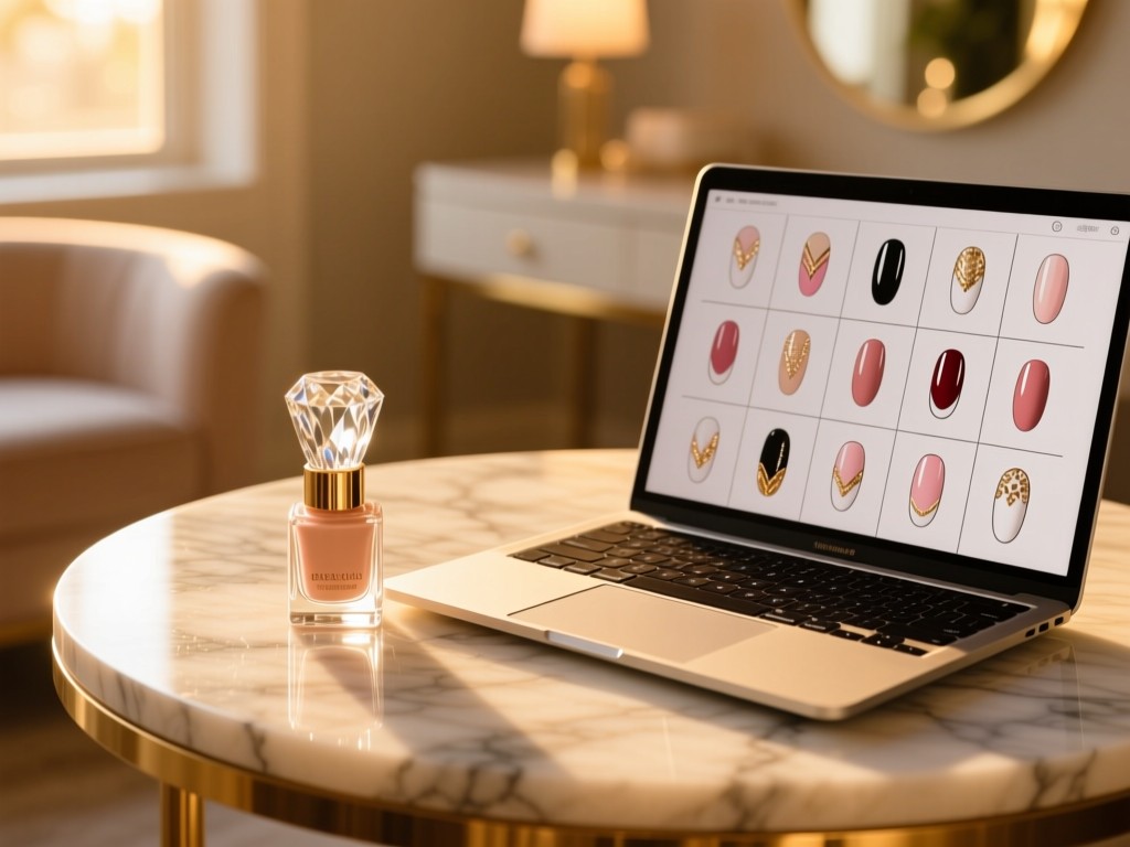A marble salon table at golden hour displaying a crystal nail polish bottle beside an open laptop showing a grid of nail designs, soft sunlight highlighting the textures, shallow depth of field, warm tones, no people.