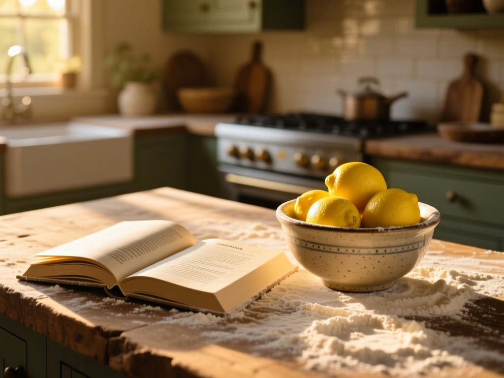 A rustic kitchen counter at golden hour featuring an open recipe book beside a ceramic bowl of lemons, soft sunlight illuminating flour-dusted surfaces, shallow depth of field, warm natural tones, no people.