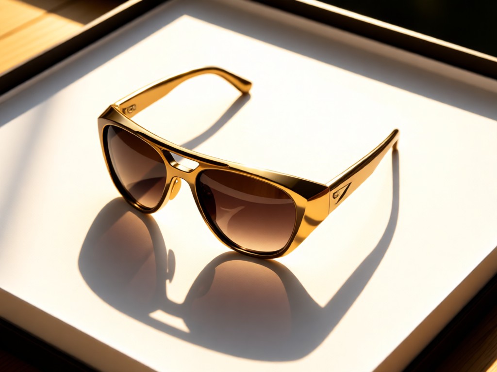 Aerial view of X-Metal Juliet sunglasses centered on a lightbox. Clean white background. Crisp shadows highlight angular design. Golden hour ambiance. Symbolizes precision presentation. No people.