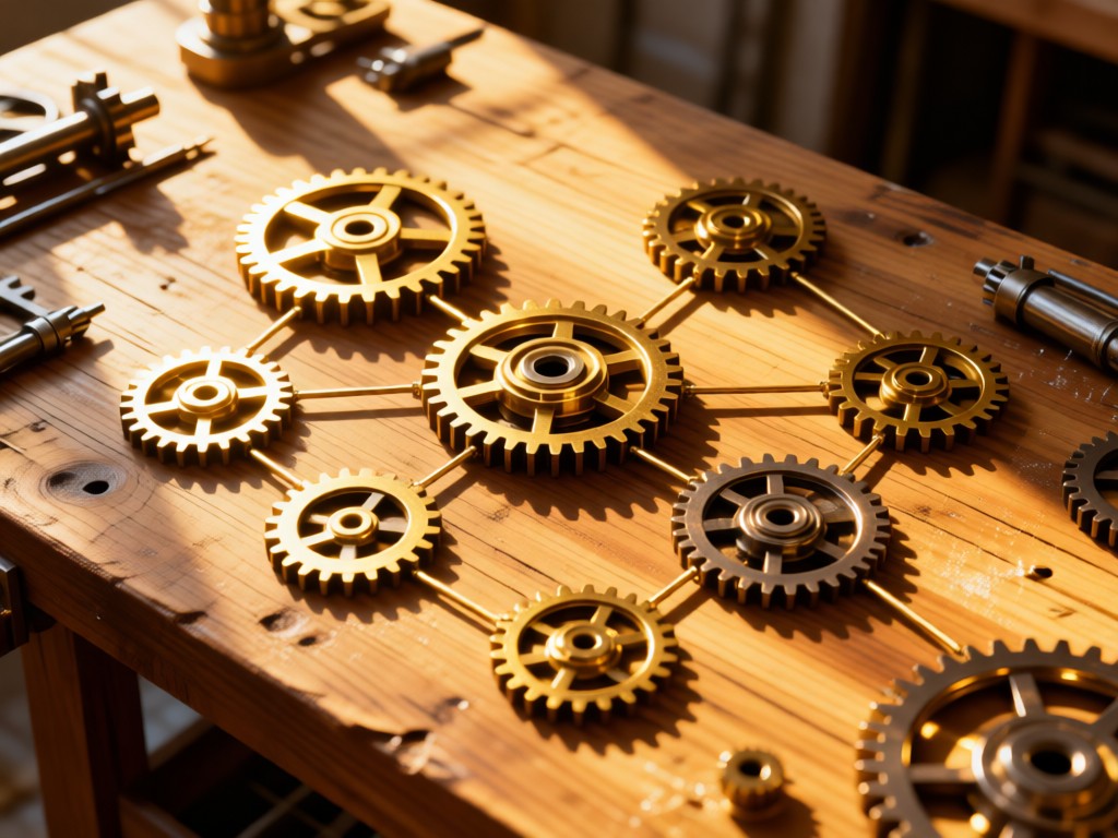 Aerial view of interconnected gears forming an automation flowchart on a sunlit wooden workbench. Golden highlights emphasize mechanical precision. Symbolizes seamless integration. No people.