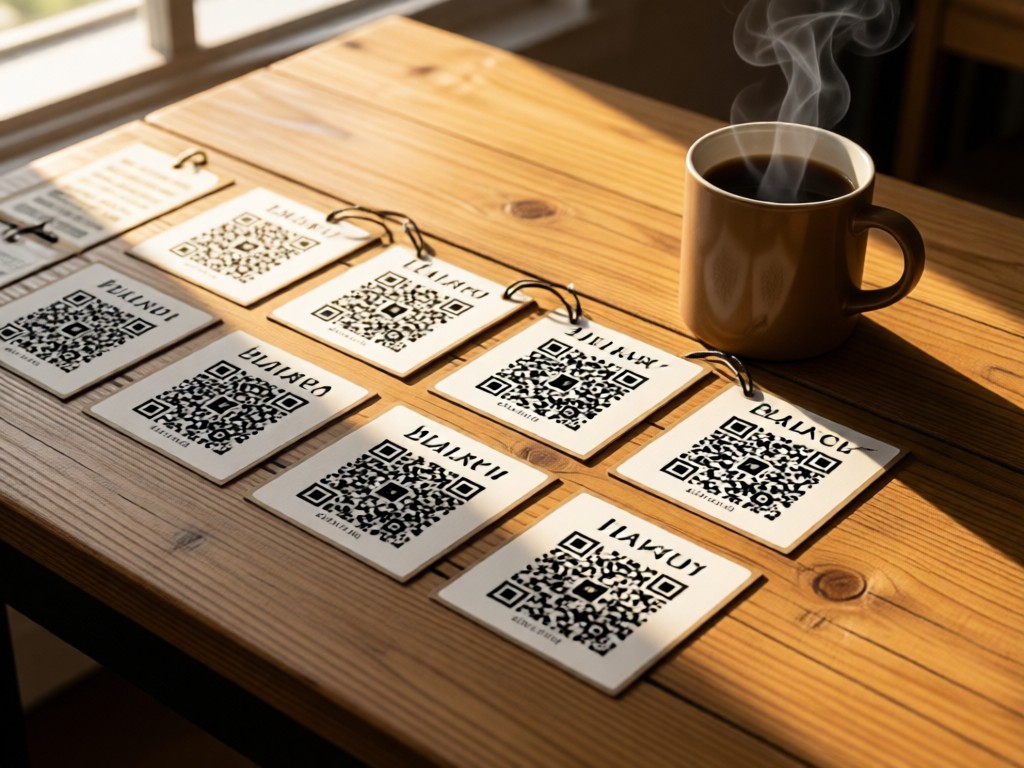 A neatly arranged collection of delivery tags and QR codes on a rustic wooden table. Soft afternoon light creates warm shadows beside a steaming coffee mug. Focus on organization tools. No people.