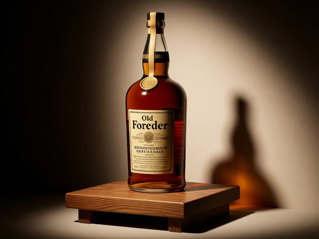 A single rare Old Forester bottle elevated on a wooden display stand. Soft spotlight effect with deep shadows. Focus on the bottle's label details and wax seal.