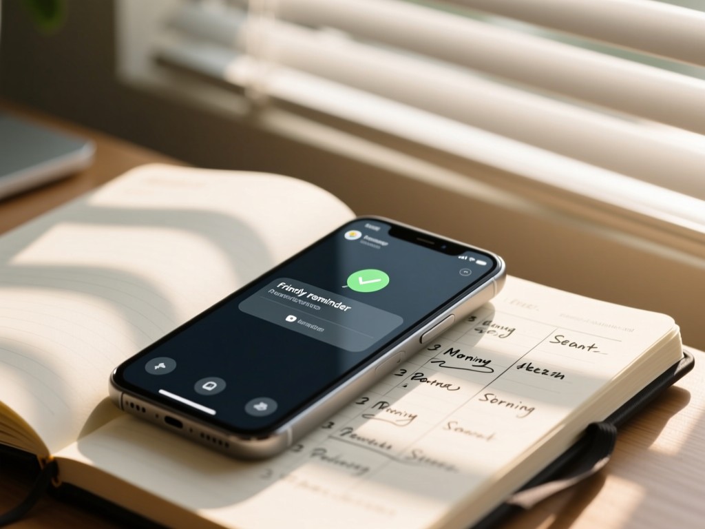 A smartphone displaying a friendly reminder notification, resting on a notebook with handwritten schedules. Morning light through window blinds. Peaceful productivity vibe. No people.