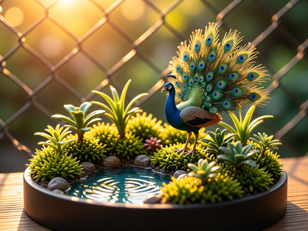 A miniature peacock habitat diorama with tiny plants and water feature. Sunlight highlights details. Soft focus background of real aviary fencing. Golden hour warmth.
