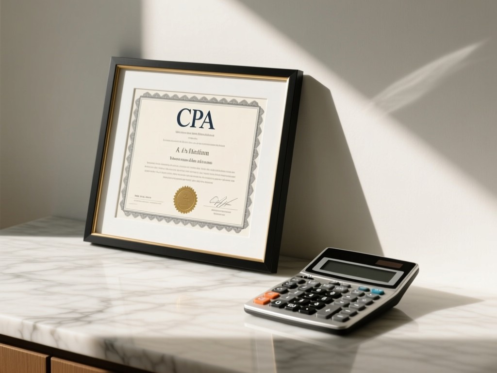 A minimalist arrangement: framed CPA certificate on a marble surface beside a sleek calculator. Soft afternoon light creates gentle shadows. No people.