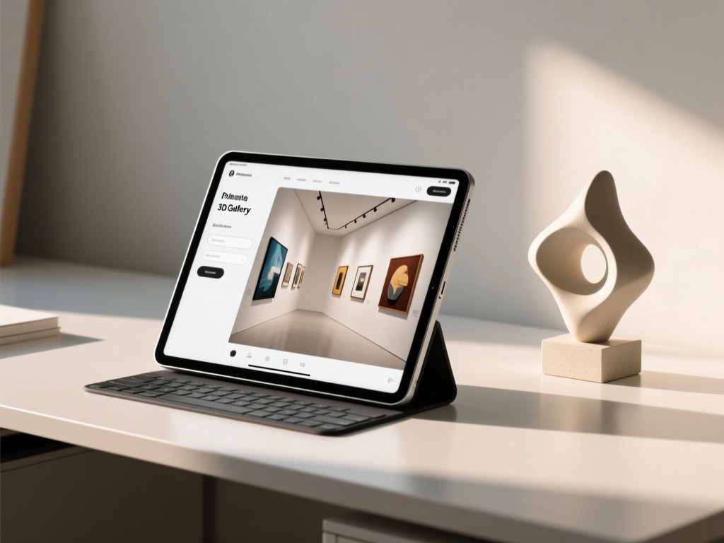 A minimalist digital tablet displaying a 3D gallery exhibition interface. Beside it, a small abstract sculpture catches morning light. Clean desk surface with ample negative space.