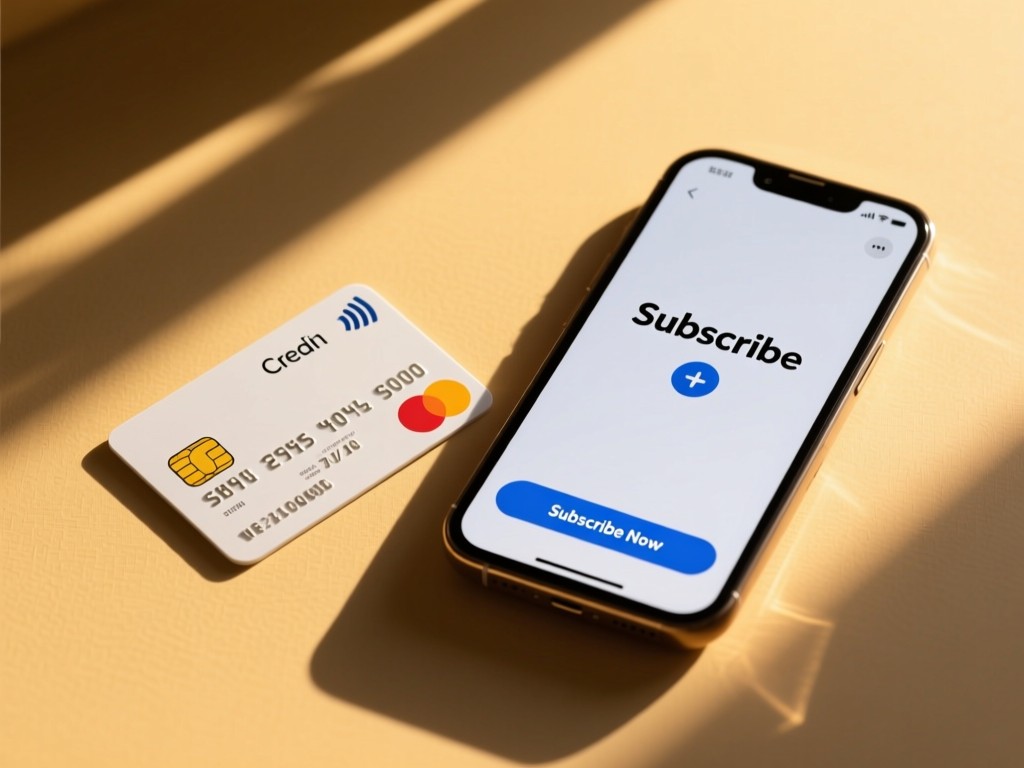 A clean credit card placed beside a smartphone showing a 'Subscribe Now' button. Golden hour light creates long shadows. No people.