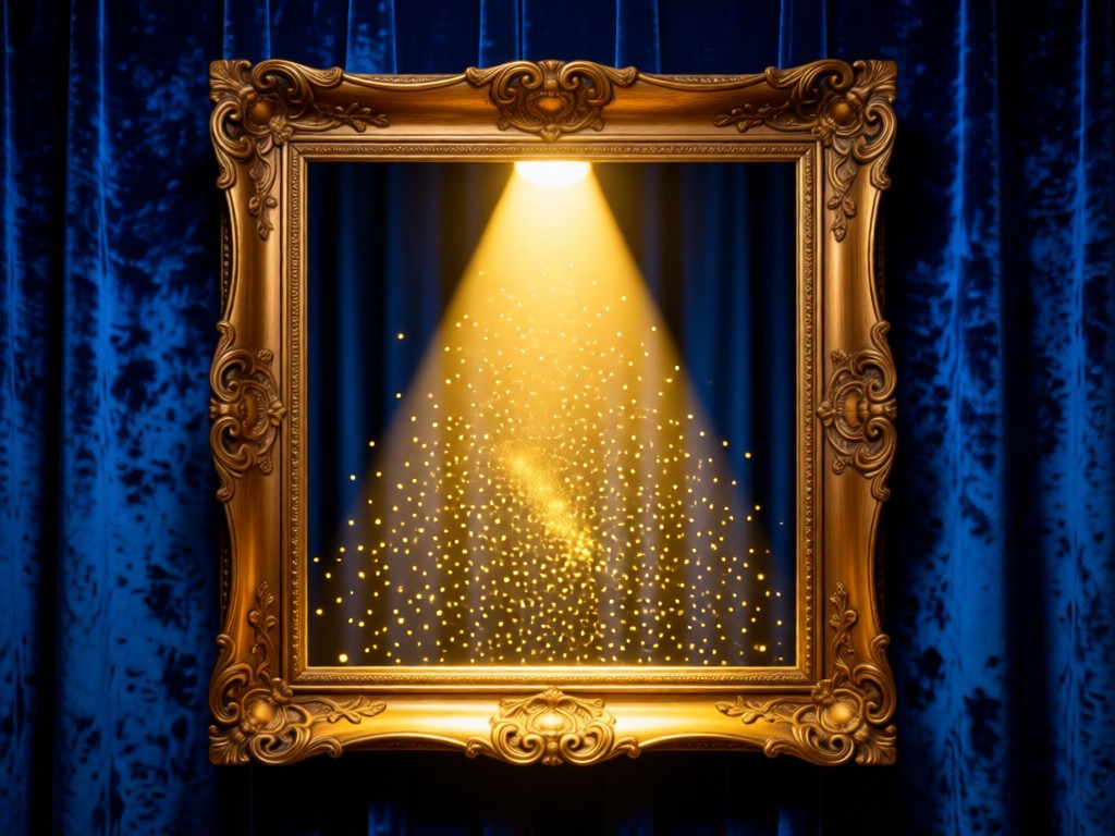 An ornate vintage picture frame surrounding a vibrant stage spotlight beam. Dust particles dance in the golden light against deep blue velvet. Symbolizes focus and spotlight. No people.