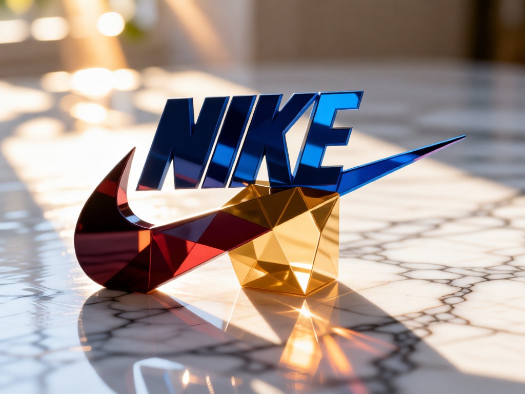 Interlocking geometric shapes in Nike colors on a marble surface. Soft focus background with sunlight reflections. Symbolic connection. No people.