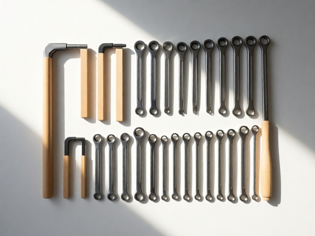 An overhead shot of a meticulously organized gandy toolkit on a clean white surface. Each tool perfectly aligned with soft directional lighting creating subtle shadows. Minimalist composition.