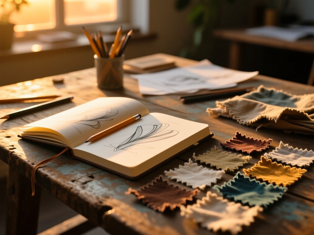 An open journal beside recycled fabric swatches on a rustic table during sunset, pencil sketches visible, soft shadows, warm golden tones, creative workspace atmosphere, no people.