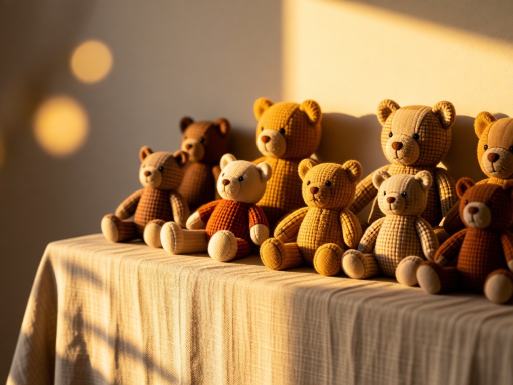 A curated arrangement of handmade plush toys on a linen-covered shelf. Soft shadows create depth as golden hour light highlights their textures. Minimalist background with subtle bokeh. No people.