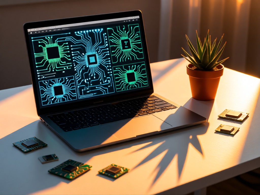 Laptop displaying clean circuit diagrams beside a potted succulent. Sunset light creates long shadows from microchips scattered artistically on a white desk. No people.