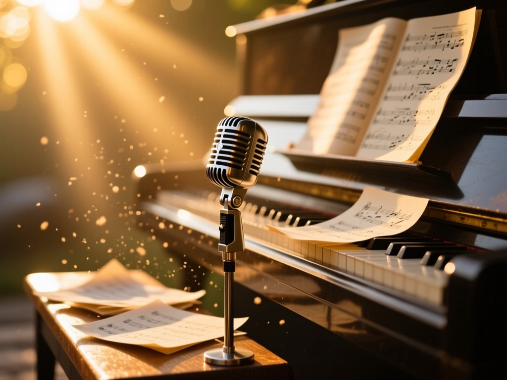 Vintage microphone and scattered sheet music on a piano bench during golden hour, sun rays illuminating dust particles, warm bokeh background, shallow depth of field.
