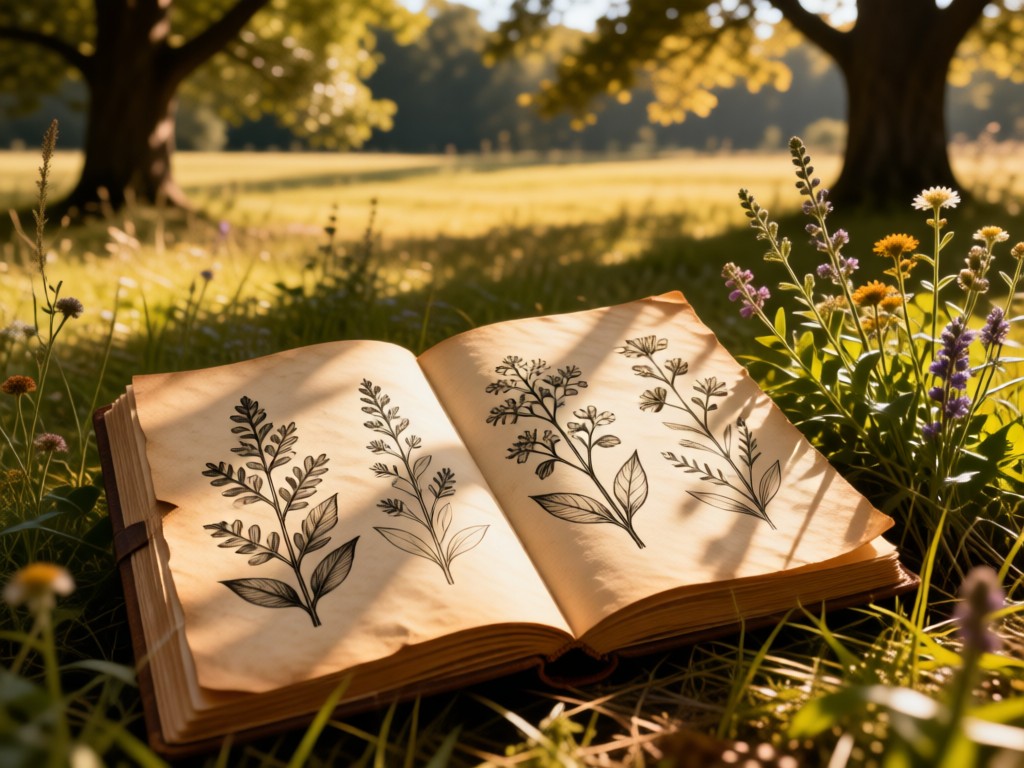 Open field guidebook with hand-drawn plant sketches beside wild herbs. Dappled sunlight filters through trees onto aged paper. Warm, natural tones. No people.
