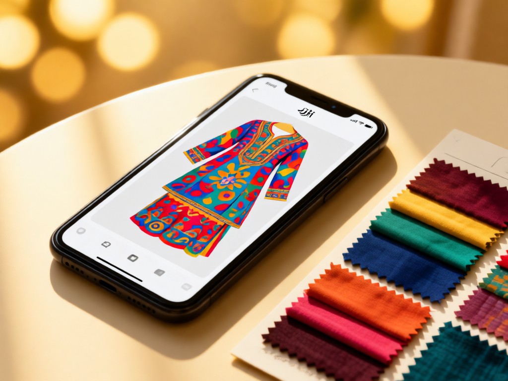 A smartphone displaying a vibrant Pakistani dress portfolio beside real fabric swatches. Soft focus background with golden light. Clean, minimalist tech-meets-craft aesthetic.