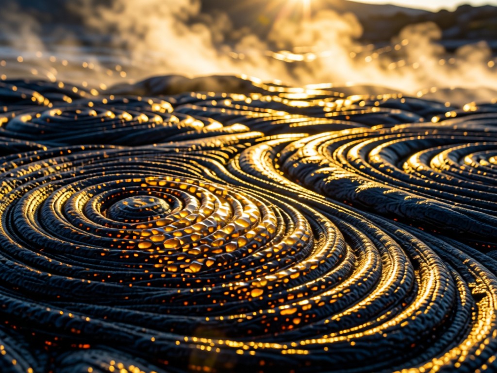 A macro shot of cooling lava forming intricate patterns on volcanic rock. Golden sunlight highlights crystalline textures. Steam rises gently in the background. No people.
