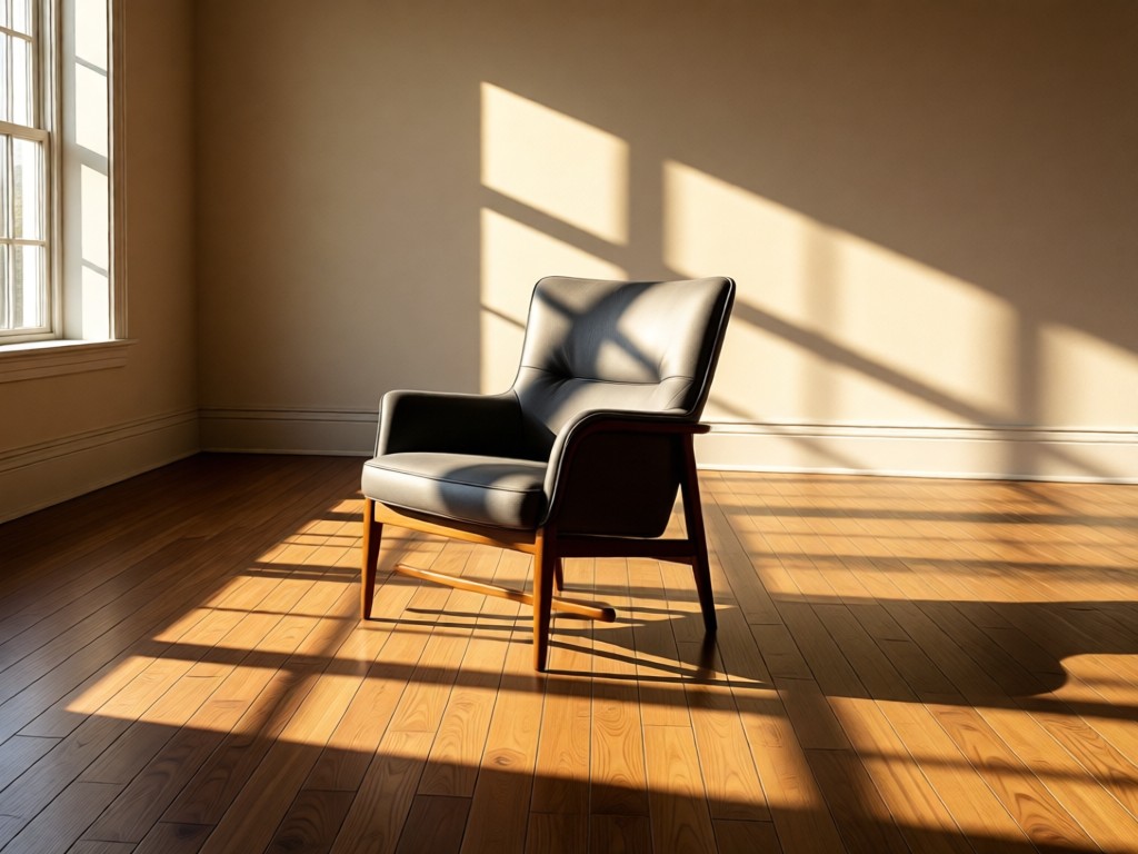 A single Nitori lounge chair in an empty sunlit room, perfectly centered on hardwood floors. Long afternoon shadows create depth. Symbolizes focus and professional presentation.