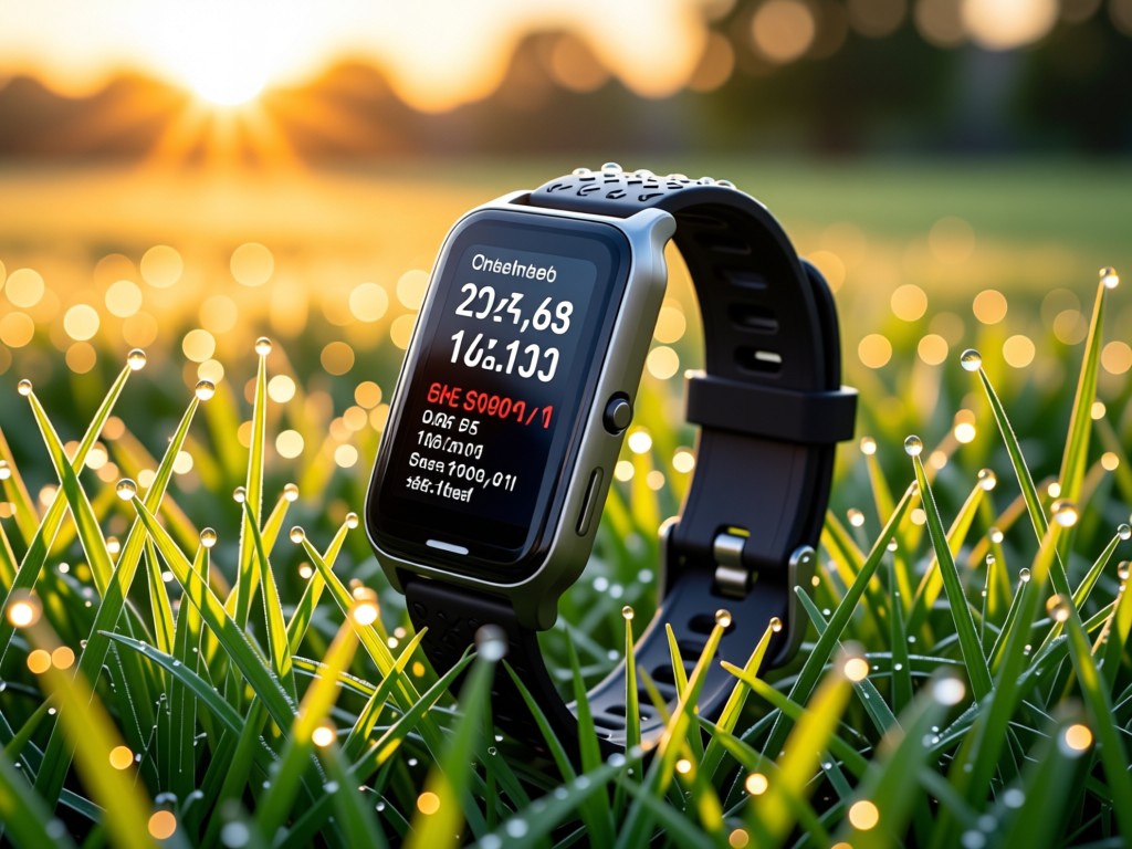 An open fitness tracker on a dew-covered grass field at sunrise. The screen shows running stats while droplets catch morning light. Clean tech-nature blend. No people.