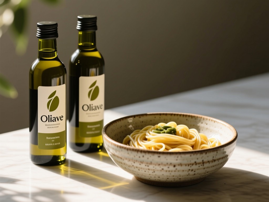 Minimalist arrangement of branded olive oil bottles beside a ceramic bowl of artisan pasta. Sunlight accents product textures.