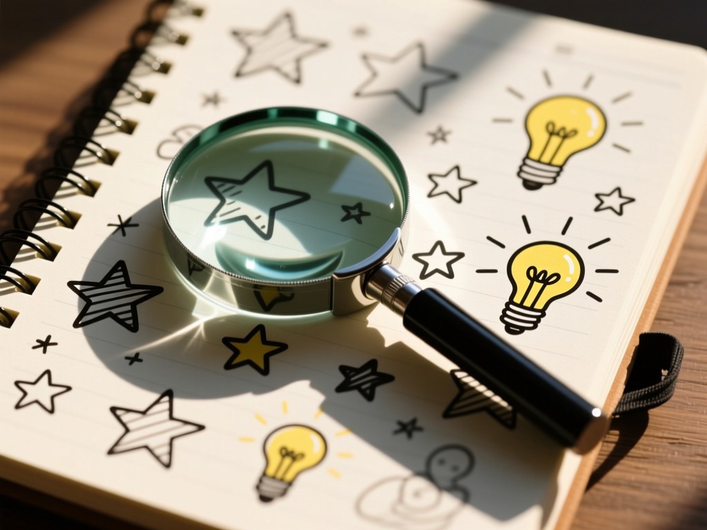 A magnifying glass resting on a notebook filled with doodled stars and lightbulbs, casting long shadows in afternoon sun. No people.