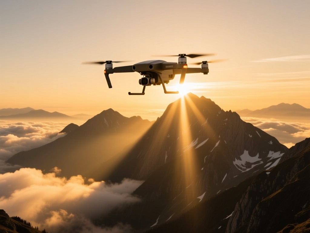 Single drone ascending through golden-hour clouds above mountain peaks, sun rays breaking through, symbolic of elevated opportunities, minimalistic composition, no people.