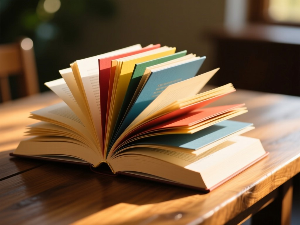 Open hardback books fanned out on a wooden table during golden hour, sunlight highlighting different colored covers, shallow depth of field, warm natural lighting, no people visible.