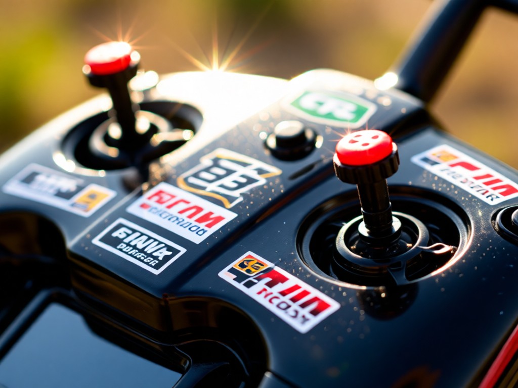 Close-up of branded RC transmitter with sponsor logos visible. Sunlight glinting on joysticks. Shallow depth of field. No people.